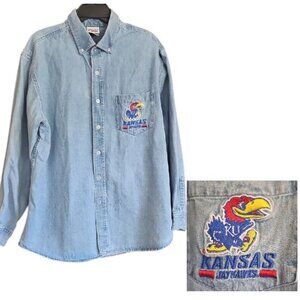 Vintage Kansas Jayhawks  Denim Button-Up Shirt 100% cotton large Red Oak Sports
